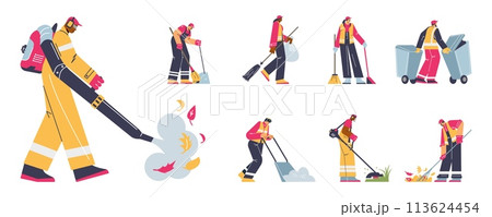 Street cleaning or garden maintenance set flat vector illustration isolated. Street cleaning or garden maintenance set flat vector illustration isolated. 113624454