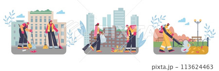 People janitor with broom and scoop on cityscape, cleaners in uniform with equipment, Street cleaning service vector set People janitor with broom and scoop on cityscape, cleaners in uniform with equipment, Street cleaning service vector set 113624463