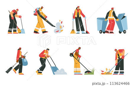 Street cleaners and janitors in uniform vector set, cleaning and gathering garbage, mows grass, Street cleaning service Street cleaners and janitors in uniform vector set, cleaning and gathering garbage, mows grass, Street cleaning service 113624466