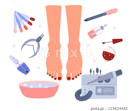 Manicure and pedicure kit with red and blue nail polish and tools. 113624482