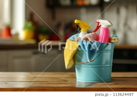 Bucket with cleaning items on wooden table 113624497
