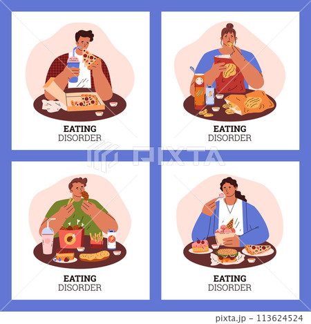 Eating disorder, set of vector cards with people, cartoon style Eating disorder, set of vector cards with people, cartoon style 113624524