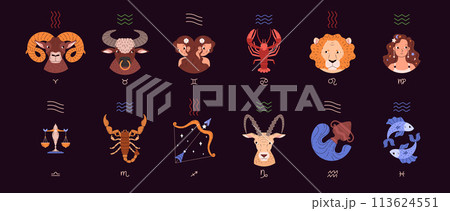 Twelve zodiac astrological signs cartoon vector illustration isolated. Twelve zodiac astrological signs cartoon vector illustration isolated. 113624551