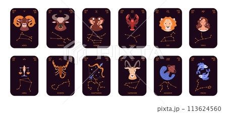 Horoscope signs vector cartoon set, twelve astrological cards with constellations, dates, signs and symbols 113624560
