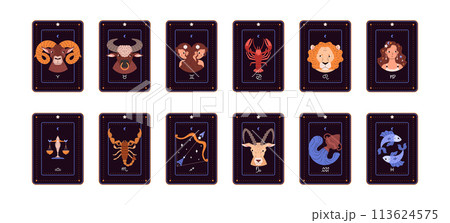 Set of cards with astrology zodiac signs, cartoon style vector illustrations 113624575