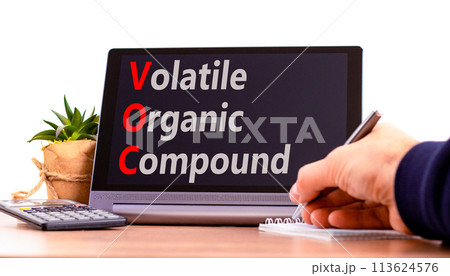VOC volatile organic compound symbol. Concept words VOC volatile organic compound on beautiful black tablet. Beautiful white background. Business VOC volatile organic compound concept. Copy space. 113624576