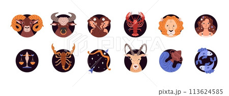 Set of round shapes with different zodiac signs flat style 113624585