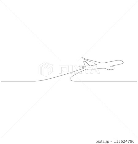 線で描かれたシンプルな飛行機のアウトラインスケッチのイラスト　ベクター 113624786