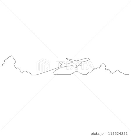 線で描かれたシンプルな飛行機と雲のアウトラインスケッチのイラスト ベクター 線で描かれたシンプルな飛行機と雲のアウトラインスケッチのイラスト ベクター 113624831