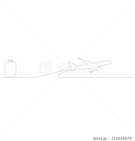 線で描かれたシンプルな飛行機とキャリーケースのアウトラインスケッチのイラスト　ベクター 113624874