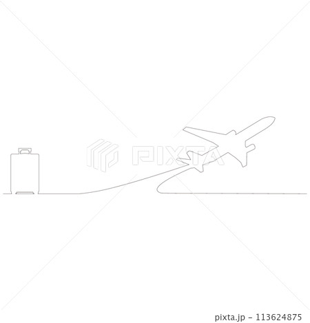 線で描かれたシンプルな飛行機とキャリーケースのアウトラインスケッチのイラスト　ベクター 113624875