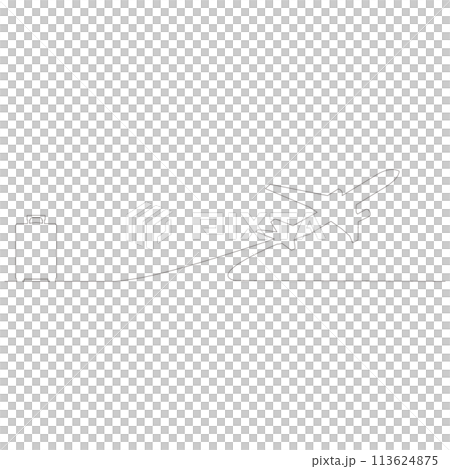 線で描かれたシンプルな飛行機とキャリーケースのアウトラインスケッチのイラスト　ベクター 113624875