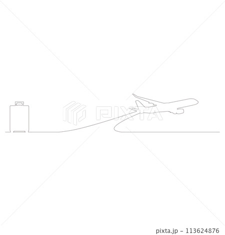 線で描かれたシンプルな飛行機とキャリーケースのアウトラインスケッチのイラスト　ベクター 113624876