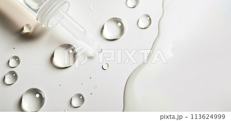 Drops of cosmetic serum and a pipette. A skin care product. White background. Copy space 113624999