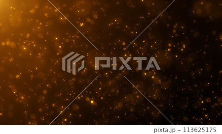 Abstract background of gold blurred particles flying down. Dust overlay occupying the whole space, yellow sand particles levitating in the air. Shiny bright powder flying on dark 113625175