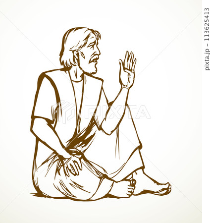 Vector drawing. Man sitting on the ground 113625413