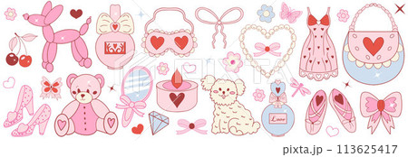 Pink girly coquette y2k aesthetic set, elegant vintage accessory. Lovely cute collection, red cherrie, pink ribbon, bow, balloon dog isolated on white background. Vector illustration Pink girly coquette y2k aesthetic set, elegant vintage accessory. Lovely cute collection, red cherrie, pink ribbon, bow, balloon dog isolated on white background. Vector illustration 113625417