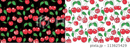 Red cherries vector seamless pattern black and white background 113625429