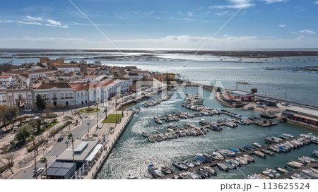 Traditional Portuguese town of Faro on oceanfront with old architecture, filmed by drone. Ria formosa and docs in background. Traditional Portuguese town of Faro on oceanfront with old architecture, filmed by drone. Ria formosa and docs in background. 113625524