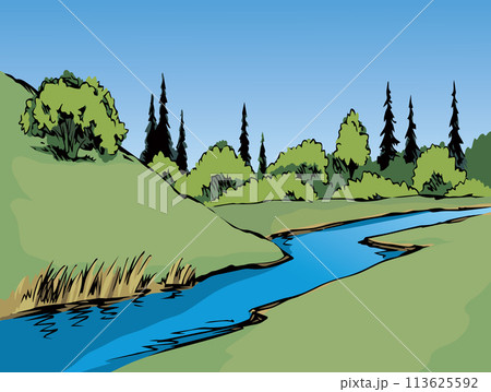 Vector drawing. Summer river sceneのイラスト素材 [113625592] - PIXTA