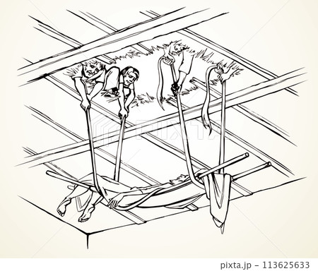 Vector drawing. The men dug up the roof to let the sick man in on a stretcher. Vector drawing. The men dug up the roof to let the sick man in on a stretcher. 113625633