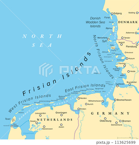 Frisian Islands, political map. Wadden Sea Islands, archipelago at North Sea in Europe, stretching vom Netherlands through Germany to Denmark. The islands shield the mudflat region of the Wadden Sea. 113625699