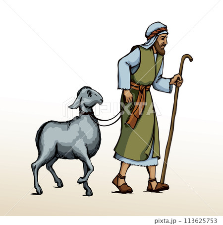 A man leads an sheep for sacrifice. Pencil drawing A man leads an sheep for sacrifice. Pencil drawing 113625753