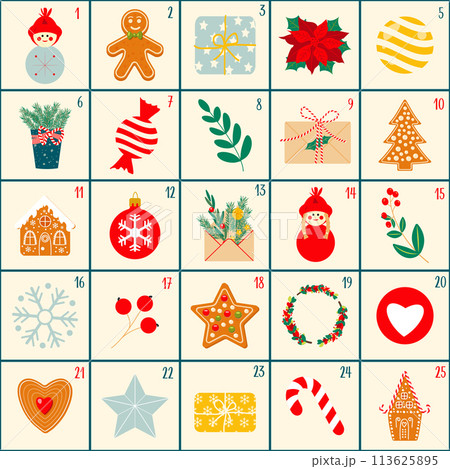 Advent Calendar, Merry Christmas poster, printable template with Xmas elements. Advent Calendar, Merry Christmas poster, printable template with Xmas elements. 113625895