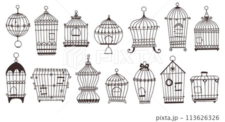 Bird cages. Silhouette vintage birdcages. Ornamental objects. Decorative shapes. Interior retro houses for parrots and canaries. Flying pets homes. Black line icons. Recent vector set Bird cages. Silhouette vintage birdcages. Ornamental objects. Decorative shapes. Interior retro houses for parrots and canaries. Flying pets homes. Black line icons. Recent vector set 113626326