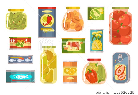 Cans with preserved food. Conserved products. Fruit compotes and jams. Marinated vegetables in glass jars. Canned meat and fish. Homemade pickles. Long term storage. Splendid vector set 113626329