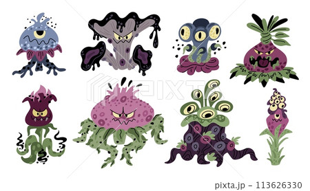 Carnivorous plant. Scary flowers and mushrooms. Angry monsters with eyes and teeth. Predatory botanical creatures. Fantasy flytraps. Dangerous blossoms. Mystic garden. Garish vector set 113626330