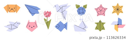 Cartoon origami. Different paper shapes. Tulip flower. Ship and plane. Polygonal animals. Japanese art. Pinwheel and star. Asian crane bird. Geometric folded zoo forms. Garish vector set Cartoon origami. Different paper shapes. Tulip flower. Ship and plane. Polygonal animals. Japanese art. Pinwheel and star. Asian crane bird. Geometric folded zoo forms. Garish vector set 113626334