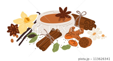 Cinnamon and spices. Seasonings for tea and mulled wine. Fragrant root. Seeds or spicy bark. Herbal drink. Vanilla and cardamom. Beverage cup. Chamomile aroma. Garish vector concept Cinnamon and spices. Seasonings for tea and mulled wine. Fragrant root. Seeds or spicy bark. Herbal drink. Vanilla and cardamom. Beverage cup. Chamomile aroma. Garish vector concept 113626341