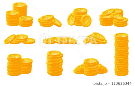 Gold coins stacks. Yellow metal money. Currency profit. Cents heaps and placers. Treasure cash. Finance savings. Banking investment. Financial assets. Game and app elements vector set Gold coins stacks. Yellow metal money. Currency profit. Cents heaps and placers. Treasure cash. Finance savings. Banking investment. Financial assets. Game and app elements vector set 113626344