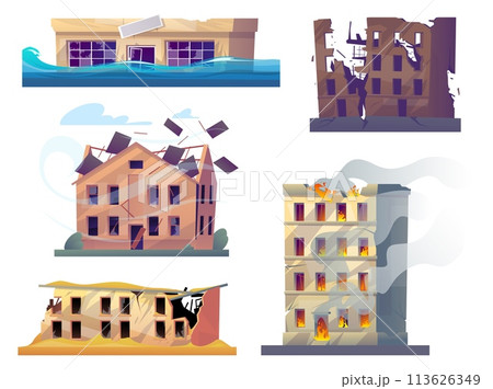 Natural disasters destroy city buildings. Urban ruins. Abandoned houses. Damaged constructions. Emergency situation. Destruction from flood or earthquake. Dilapidated homes vector set 113626349
