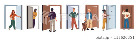 People in doorways. Persons come out or in. House entrances and exits. Open and closed doors. Knocking woman. Man peeking out. Guy and girl leaving home with dog. Garish vector set 113626351