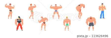 Young Muscular Man Character Standing Showing Muscles Vector Set 113626496