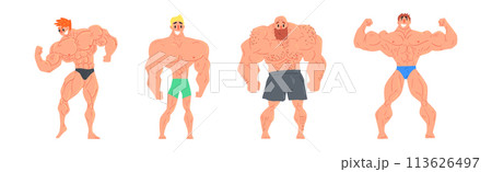 Young Muscular Man Character Standing Showing Muscles Vector Set 113626497