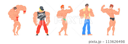 Young Muscular Man Character Standing Showing Muscles Vector Set 113626498