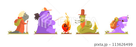 Funny Monster Character Travel and Hiking with Backpack Vector Set Funny Monster Character Travel and Hiking with Backpack Vector Set 113626499