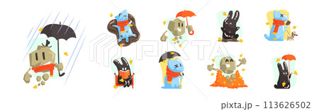 Funny Monster Character at Autumn Season in Scarf with Umbrella Vector Set 113626502