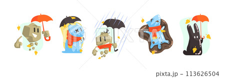 Funny Monster Character at Autumn Season in Scarf with Umbrella Vector Set 113626504