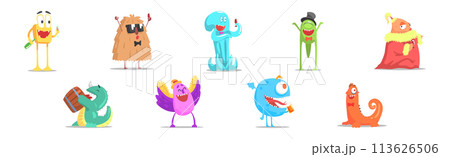 Funny Monster Character as Toothy and Hairy Mutant with Friendly Face at Party Vector Set 113626506