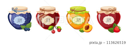 Jam Jar with Label and Sweet Canned Fruit Vector Set Jam Jar with Label and Sweet Canned Fruit Vector Set 113626519