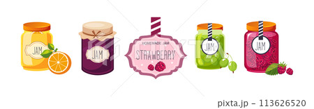 Jam Jar with Label and Sweet Canned Fruit Vector Set Jam Jar with Label and Sweet Canned Fruit Vector Set 113626520