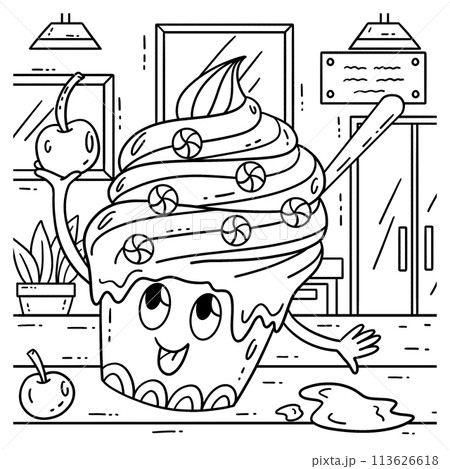 Ice Cream With Cherry Coloring Page for Kids 113626618