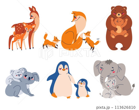 Cute animal moms and babies. Cartoon funny mothers and children, fauna characters, parent with kids, lovely zoo families, little deer, fox and bear, exotic koala, penguin and elephant vector set Cute animal moms and babies. Cartoon funny mothers and children, fauna characters, parent with kids, lovely zoo families, little deer, fox and bear, exotic koala, penguin and elephant vector set 113626810