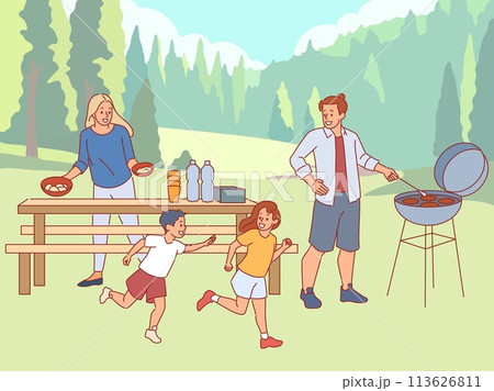 Family barbecue party. Parents cook meat on grill, children play outdoors, lunch in nature, happy people actively relaxing, leisure outdoor together, cartoon flat style vector concept 113626811