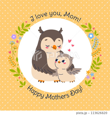 Mom owl hugs child. Mothers day card or poster, cute birds, funny forest animal characters, happy holiday, floral round frame, leaves and flowers, cartoon flat isolated vector concept 113626820