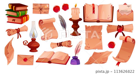 Old papyrus scroll and vintage books. Fantasy parchment, sealing wax seals, kerosene lamp, ancient paper, inkwell, candle, antique documents cartoon flat style isolated tidy vector set 113626822